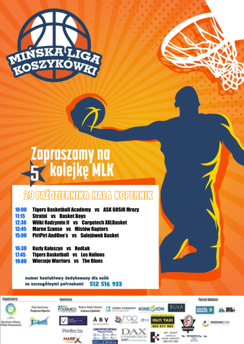 zarys mężczyzny skaczącego do góry i wbijającego piłkę koszykową lewą ręką do kosza, na górze po lewej stronie rysunek...