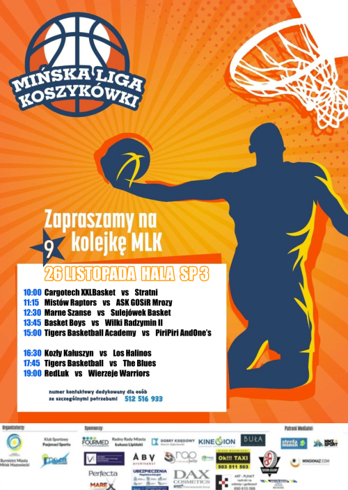 Zarys mężczyzny skaczącego do góry i wbijającego piłkę koszykową lewą ręką do kosza. Na górze po lewej stronie rysunek...