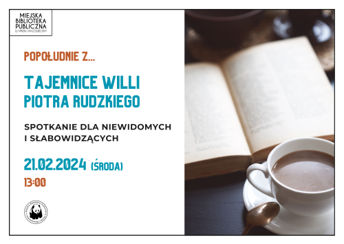 Po prawej stronie zdjęcie filiżanki z kawą, powyżej książka. Po lewej informacje