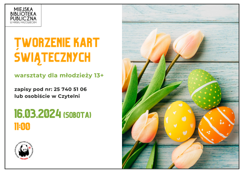 Po prawej na tle szarych desek leży pięć kremowych tulipanów oraz trzy kolorowe pisanki. Po lewej informacje
