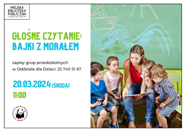 Po prawej w pomieszczeniu na krzesłach siedzi czwórka dzieci, pomiędzy nimi kobieta czyta książkę. W tle pomalowana zielona...