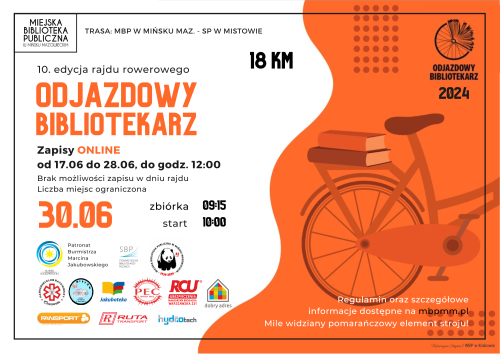 Po prawej na pomarańczowym tle zarys tylnej części roweru z dwiema książkami na bagażniku. Po lewej informacje.