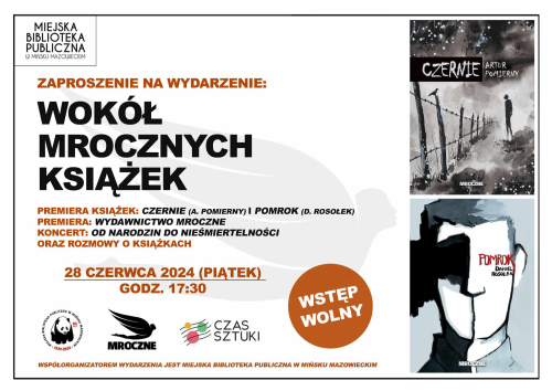 Po prawej dwie ciemne okładki książek. Po lewej informaje