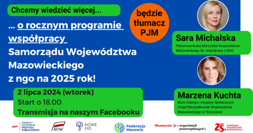 Na niebieskim tle informacje. Po prawej w dwóch kółkach zdjęce twarzy dwóch kobiet