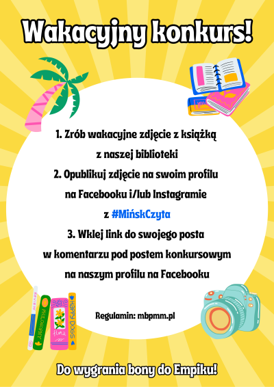 na zółtym tle tekst w białym kole, w rogach rozmieszczone grafiki aparatu, palmy, zeszytów oraz ksiażek