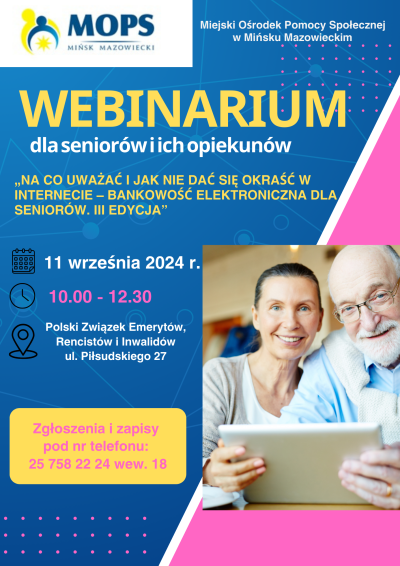 Tekst na niebiesko-różowym tle. W prawym dolnym rogu uśmiechnięci kobieta i mężczyzna w starszym wieku. trzymają tablet.