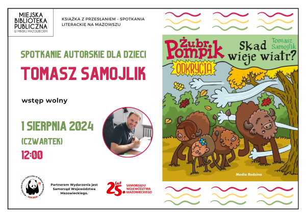 Po lewej kolorowy tekst, w kole zdjęcię uśmiechniętego mężczyzny, po prawej okładka książki z rysunkiem rodziny żubrów w...