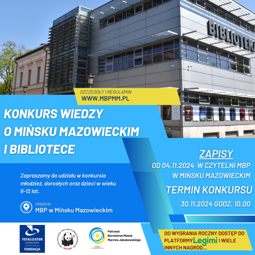 Po środku na niebieskim tle informacje. Na górze zdjęcie budynku miejskiej biblioteki w ciągu dnia