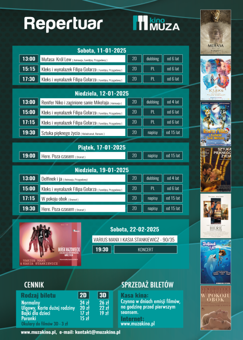 Na ciemno-zielonym tle harmonogram filmów i wydarzeń. Na górze napis repertuar kina Muza, zdjęcia plakatów filmowych po...
