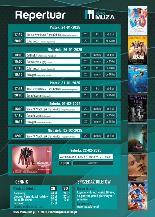Na ciemno-zielonym tle harmonogram filmów i wydarzeń. Na górze napis repertuar kina Muza, zdjęcia plakatów filmowych po...