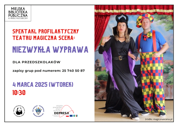 Po lewej na białym tle kolorowe informacje. Po prawej kobieta w czarnym przebraniu obok mężczyzna w kolorowym ubraniu