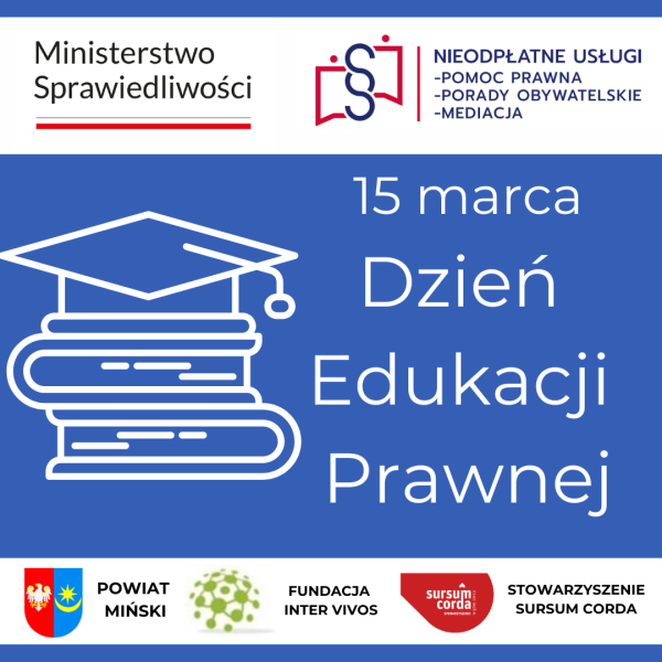 Na niebieskim tle inforamcje. Po lewej rysunek ksią zakończonych czapka studencka. Na górze i na dole na białych paskach loga