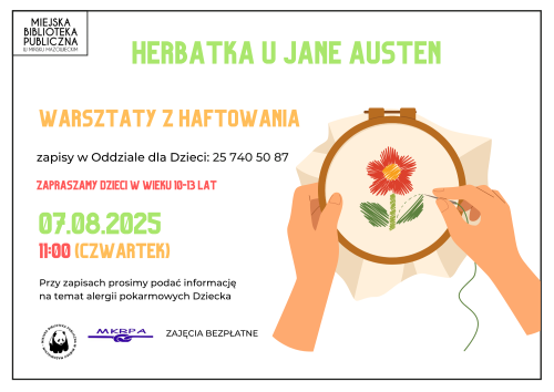 Na białym tle kolorowe informacje. Po prawej rysunek koła do haftowania. Dłonie wyszywają kwiata