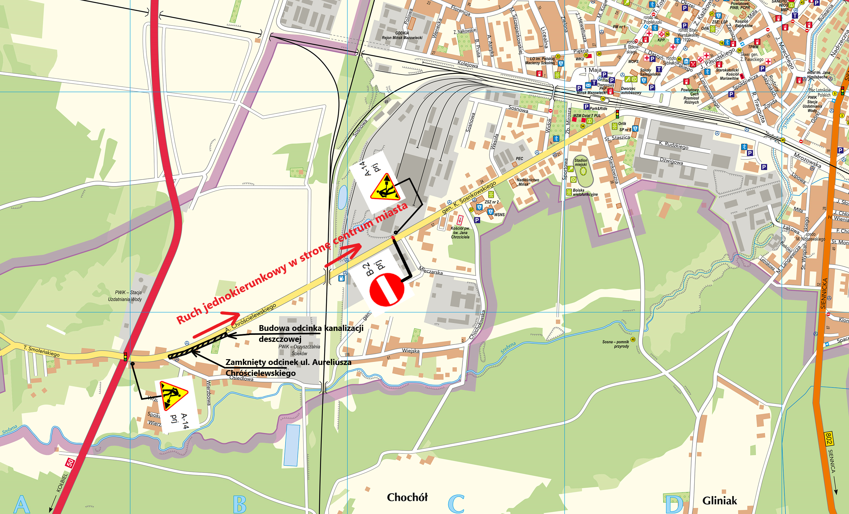 Mapa ze schematem utrudnień na trasie