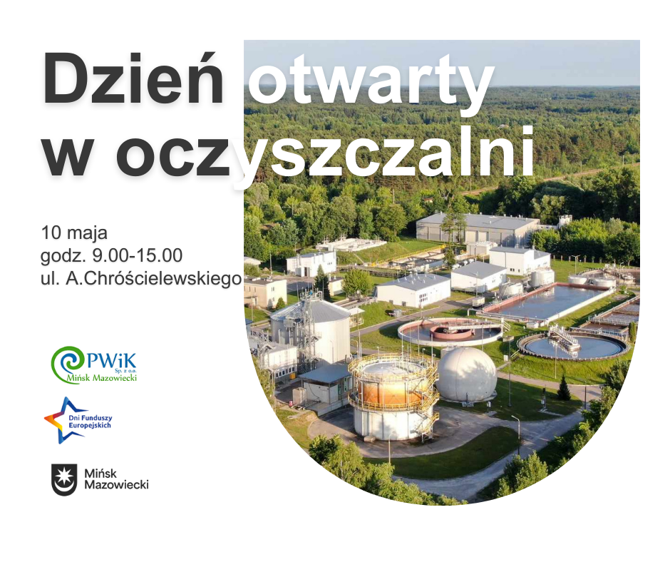 Na białym tle informacje. W dolnym lewym rogu loga. Po prawej w zarysie tarczy zdjęcie oczyszczalni z lotu ptaka